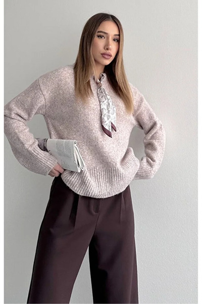 Coşkun GİYİM Women's Scarf Detailed Soft Textured Sweater Vi̇zon 2535