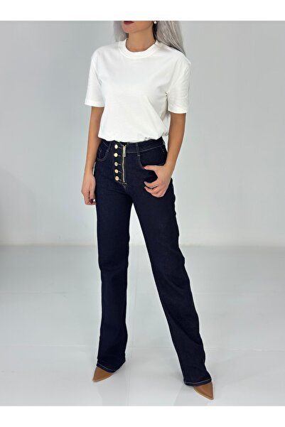 KAROL Kadın Yüksek Bel Metal Düğme Detaylı Straight Jean Pantolon