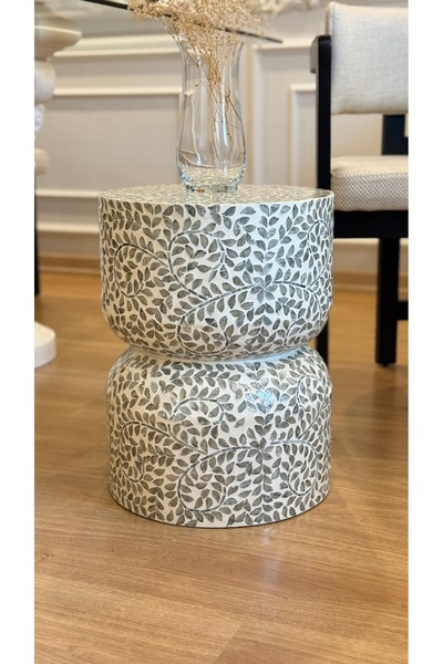 Lisso Lume Gri Sedefli El İşçliği Lüks Modern Yan Sehpa Tabure 35x35 H:40