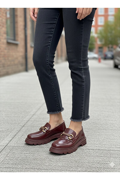 Bitmedeniste Pantofi de damă Bordeaux aspect de piele cu talpă groasă și încr...