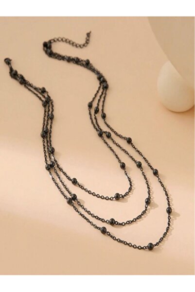 Alsem Black Beaded Long Chain Necklace, Minimal Bead Detailed Stylish Daily W...