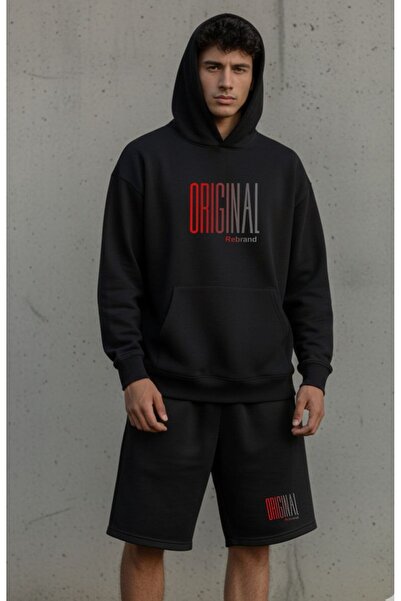 REBRAND Fleece-Lined Sweatpants Shorts Set Printed Oversized Hooded Sweatshir...