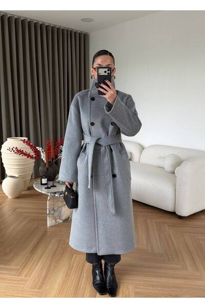alieva Kemerli Çift Düğmeli Yüksek Yaka Uzun Kaşe Kaban – Gri