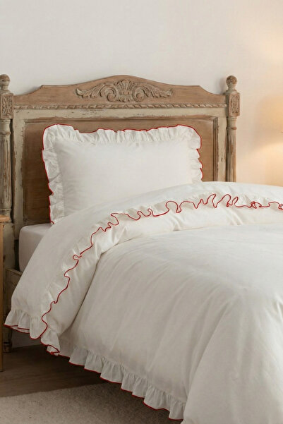 Magnolia Vintage Ruffled Single Duvet Cover Set - Red Piped , Cotton, Cream C...
