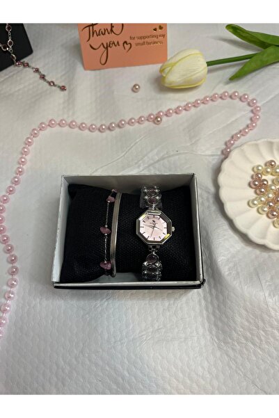 AYLORA'M Kadın Pembe Kadran Çelik Saat-Bileklik Şık Kombin Set