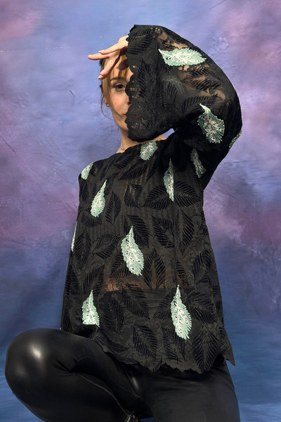 Quincey Green Bird Embroidered Lace Textured Blouse