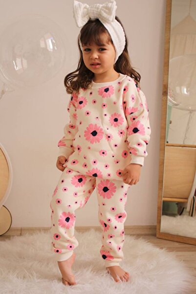 Giyimodam Three Yarns Sh Fleece-Lined Flower B Printed Girls' Casual Suit