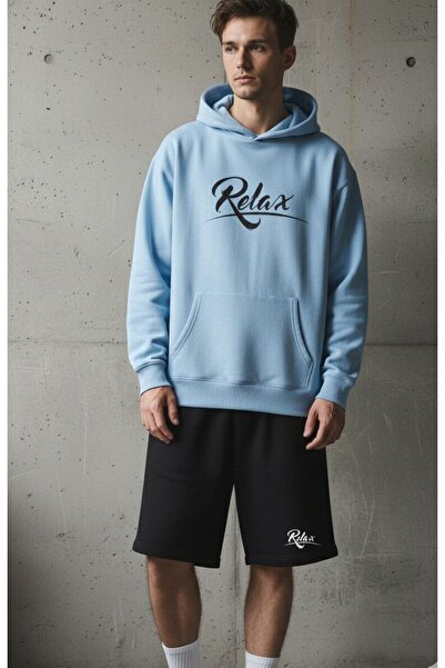 REBRAND Fleece-Lined Sweatpants Shorts Set Printed Oversized Hooded Sweatshir...