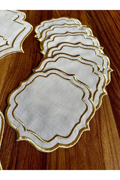 NURHAN HOME COLLECTION Çift Sıra Gold Nakışlı 12 Parça Amerikan Servis ve Kahve Yanı Sunum Peçetesi