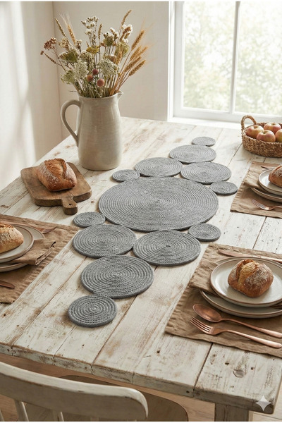 Homever Pointy Gri Yıkanabilir Pamuk Hasır Halat Runner, Salon Sehpa Mutfak M...