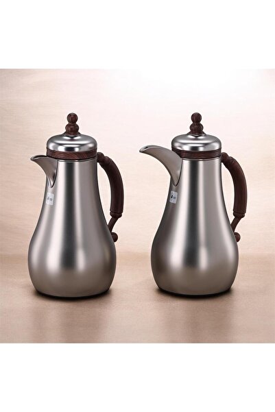 aljahwari طقم ترامس 2حبة فضي مطفي على خشبي زجاج من الداخل ومن الخارج استيل فا...