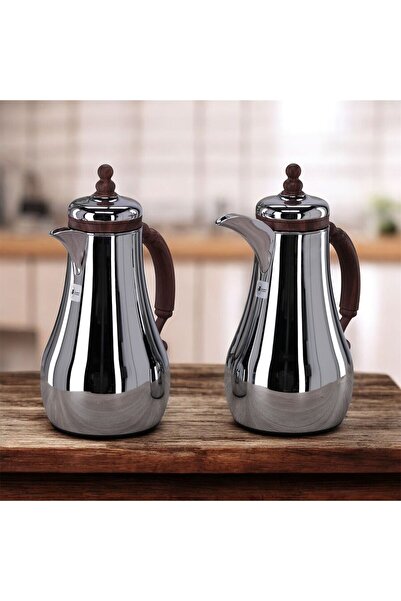 aljahwari طقم ترامس 2حبة فضي خشبي زجاج من الداخل ومن الخارج استيل فاخر الشاي ...