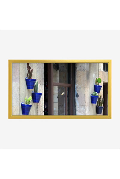 Tajridhome لوحة نباتات - أصص زرقاء - جدار حجري - مريح - لوحات طبيعة - لوحات ك...