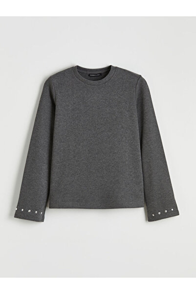LC Waikiki Anthracite Crew Neck Pearl Detailed Blouse