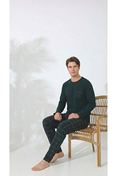 Huq Moda Men's Pajama Set Long Sleeve Top with Pocket Khaki Plaid Bottom Cott...