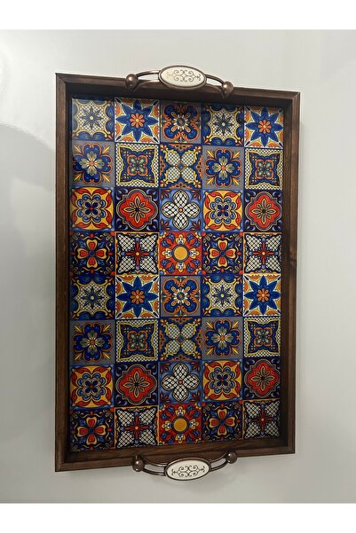 BulutRetail Handmade Kütahya Tile Patterned Wooden Tray 42X27 cm |   Domestic...