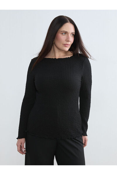 LC Waikiki Black Plus Size Crew Neck Textured Blouse