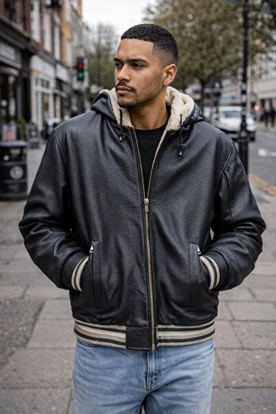 Levin Peak Street Armor Çift Taraflı İçi Kürk Astarlı Kapüşonlu Deri Mont ( S...