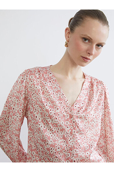LC Waikiki Pink V-Neck Floral Satin Blouse