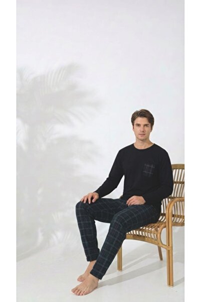 Huq Moda Men's Pajama Set Long Sleeve Top with Pocket Black Plaid Bottom Cott...