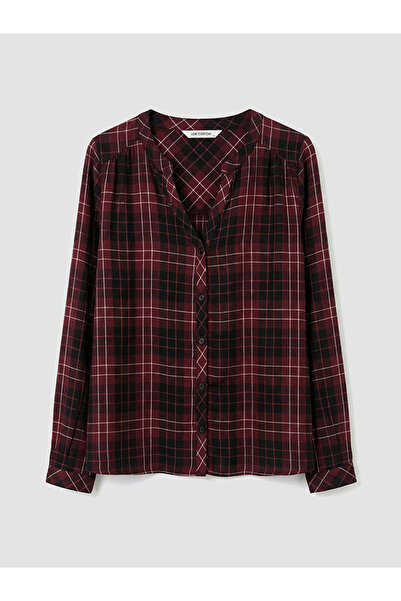 LC Waikiki Stylish and Timeless Burgundy Cowl Neck Plaid Oversized Blouse