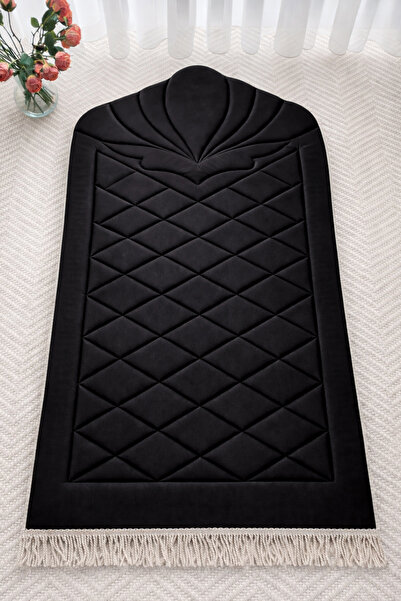uhtico Black Silk Velvet Quilted Prayer Mat with Orthopedic Sponge That Does ...