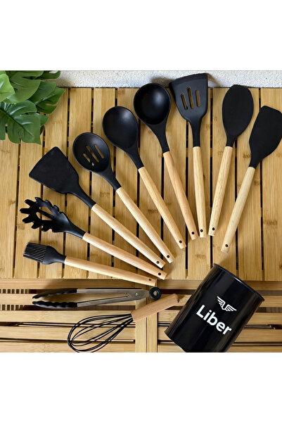 Liber Silicone Kitchen Set - Serving Tongs Set 12 Pieces Black