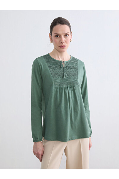 LC Waikiki Bluză verde cu guler cu șiret și broderie