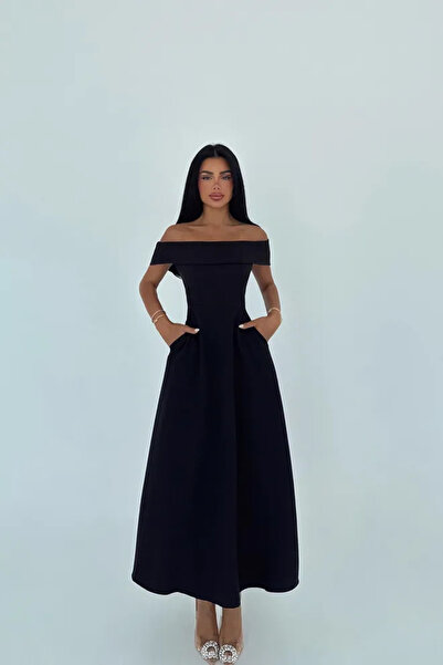 eyyo atelier Zarif Siyah A Kesim Elbise Omzu Açık Yaka