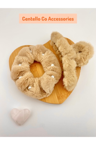 Centello Co Accessories İnci Detaylı Sütlü Kahverengi Peluş Yumuşak Kürklü Za...