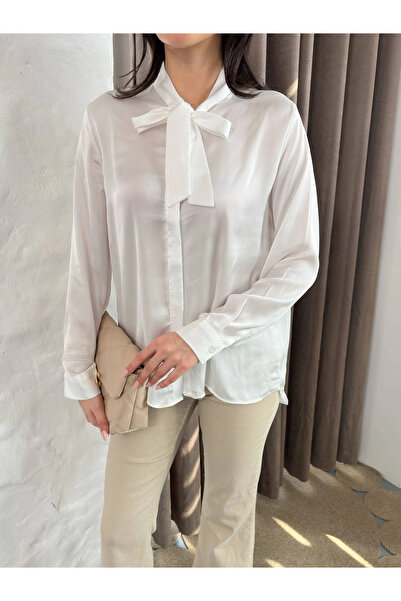 Lusin Women's White Bow Collar Detailed Long Sleeve Satin Shirt