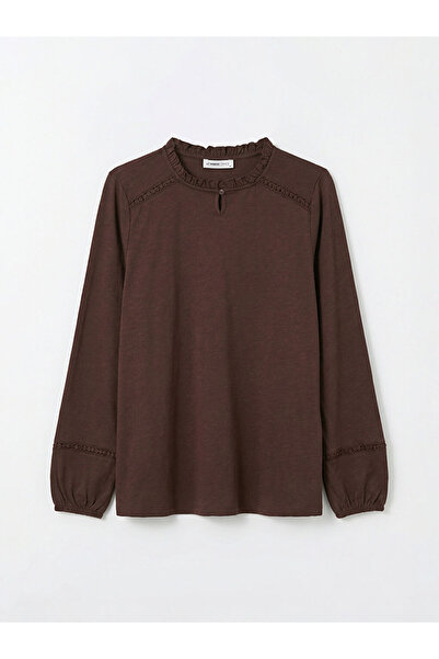 LC Waikiki Kahverengi Bisiklet Yaka Nakışlı Bluz