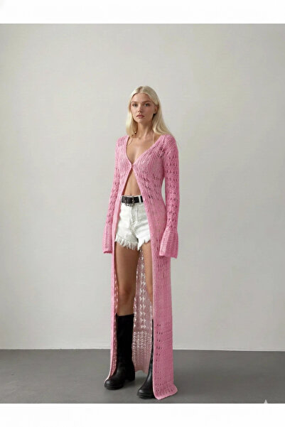 Lusin Women's Candy Pink Full Length Buttoned Lace-Like Knit Spanish Sleeve L...