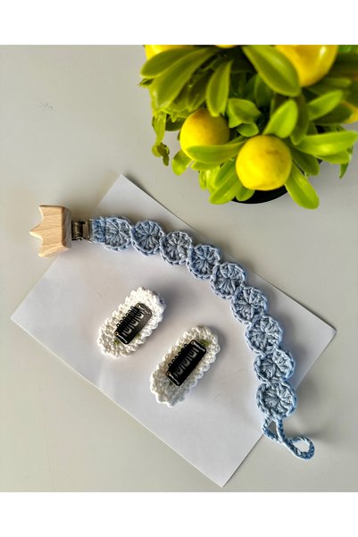 livadesign7 Newborn Hairless Baby Hair Clip and Pacifier Strap Handmade Knitted Set of 3