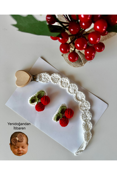 livadesign7 Yenidoğan Saçsız Bebek Tokası ve Emzik Askısı El Emeği Örgü 3'lü Set