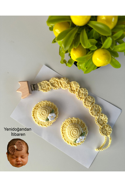 livadesign7 Yenidoğan Saçsız Bebek Tokası ve Emzik Askısı El Emeği Örgü 3'lü Set