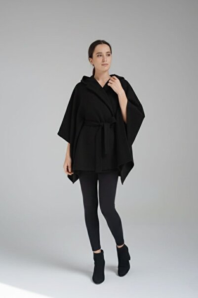 Cara Women's Poncho Cashmere Fabric Belted Hooded Coat Jacket