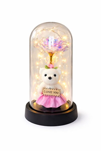 NO BRAND Teddy Bear and Royal Purple Rose Dome, Romantic Decorative LED, 20x11