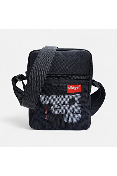 Vildget Siyah File Ve Slogan Detaylı Çapraz Çanta Crossbody Bag 18x14x5
