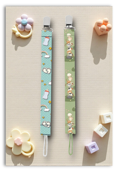 Mia Aurora 2li Set Emzik Askısı Emzik Zinciri Mint Bebek Desenli Yeşil Kedi K...