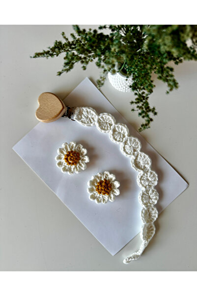 livadesign7 Yenidoğan Saçsız Bebek Tokası ve Emzik Askısı El Emeği Örgü 3'lü Set