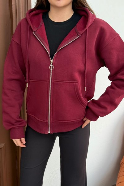 mezqa Femei cu glugă cu șireturi Burgundy Swea tricou cu fermoar 3 fire Ş cu căptușeală din fleece croială confortabilă