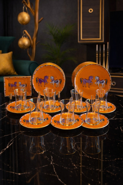 Gülümseten Avm 36 Parça Desenli Cam Çay Seti – 6 Kişilik Turuncu Tabaklı Lüks...