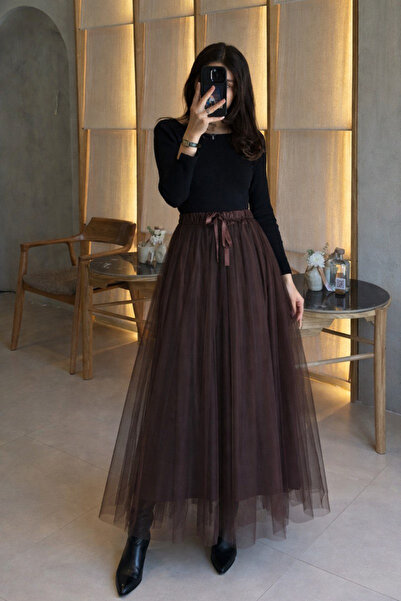 oshebu Women's Elastic Waist Lined Tulle Long Skirt