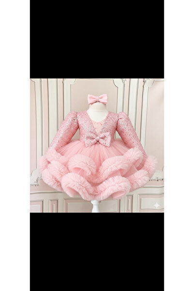 İlknur Karaca Design Pembe boncuklu uzun kollu etekleri fırfırlı kız çocuk öz...