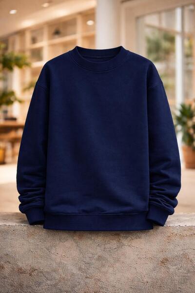 AsHK Unisex Lacivert Bisiklet Yaka Oversize Sweatshirt