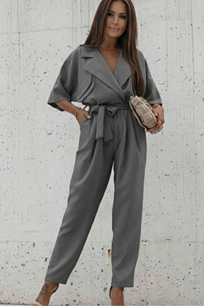 OLSAMODA Women's Shirt with Pocket Detail and Belted Shirt Collar Tulle Jumpsuit