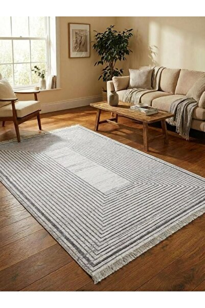 Homz Çerçeve Gri Modern Desen Bohem Pamuk Kilim Çift Taraflı | Kendinden Saça...