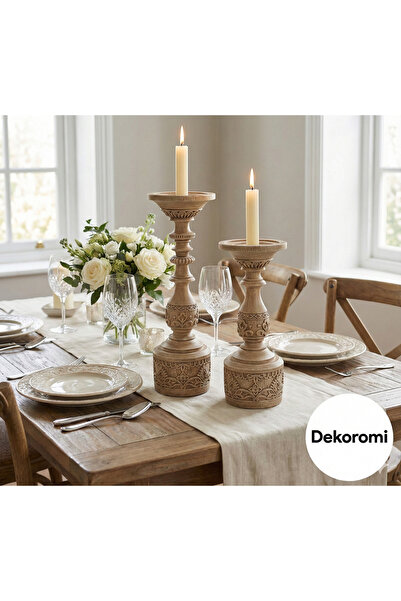 Dekoromi Dekorasyon Vintage Şamdan Mumluk (Büyük 43, Küçük 32cm) Dekoratif He...