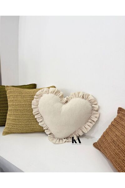 KaiAtelier Natural Heart Ruffled Linen Inner Filled Pillow / Throw Pillow 50cm